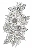 Daffodila, sunflowers, dragonfly, lilly, Marigold, canation, marcissus tattoo design idea