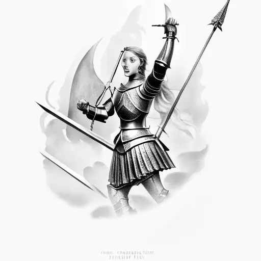 jeanne d'arc sur un cheval avec une fleur de lys sur sa cuirrasse et la bretagne en fond  tattoo design idea