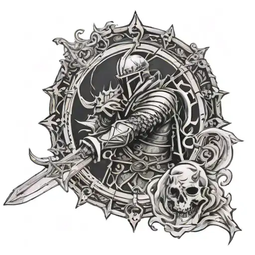 elden ring and dark souls patch work sleeve tattoo tattoo design idea
