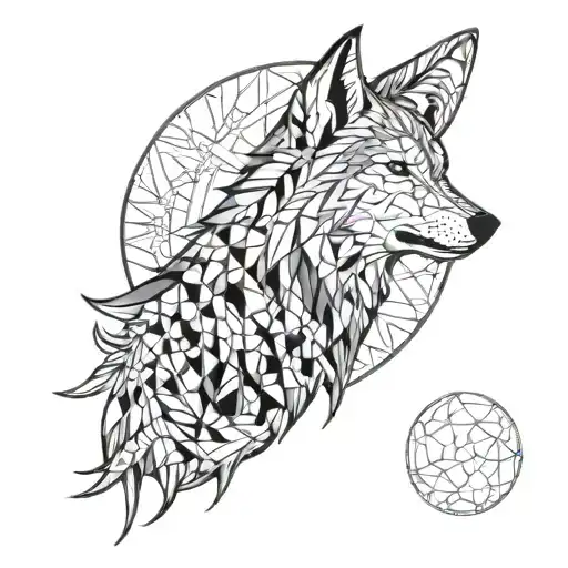 A wolf howling at a psychedelic moon surrounded by geometric shapes tattoo design idea