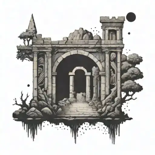 A lone traveler discovering ancient geometric ruins in a psychedelic landscape tattoo design idea