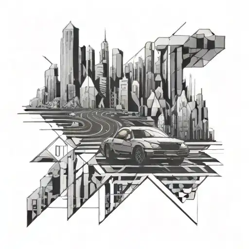 An isolated driver navigating through a geometric cityscape inspired by Terrance Mckenna's teachings tattoo design idea