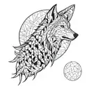 A wolf howling at a psychedelic moon surrounded by geometric shapes tattoo design idea