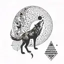 A wolf howling at a psychedelic moon surrounded by geometric shapes tattoo design idea