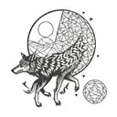 A wolf howling at a psychedelic moon surrounded by geometric shapes tattoo design idea