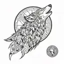 A wolf howling at a psychedelic moon surrounded by geometric shapes tattoo design idea
