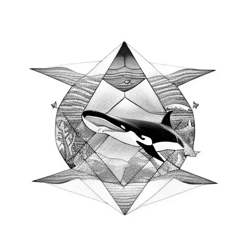 Killer whale and hammerhead shark circling each other with an inverted triangle for water sign tattoo design idea