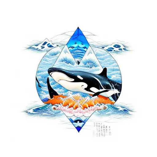 Killer whale and tiger shark circling each other with an inverted triangle for water sign tattoo design idea
