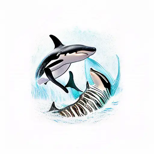 Killer whale and tiger shark circling each other with an inverted triangle for water sign tattoo design idea