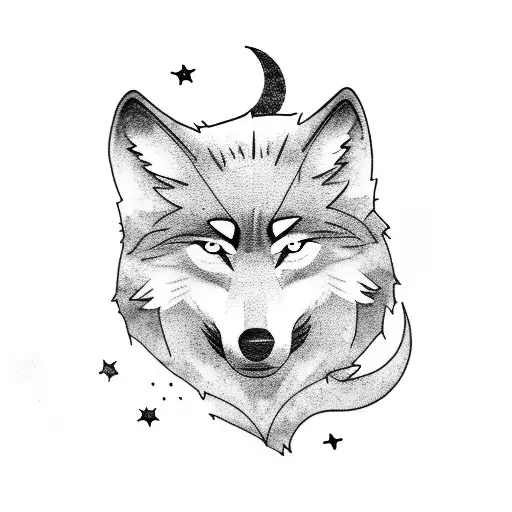 Wolf howling at the moon with a starry night sky background tattoo design idea