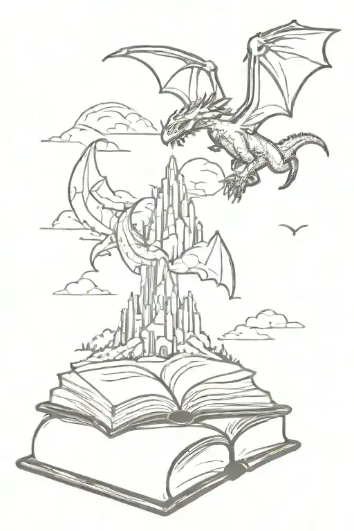 PIle of books with a mountain emerging from the pages of an open book on the top of the pile. Dragons flying above tattoo design idea