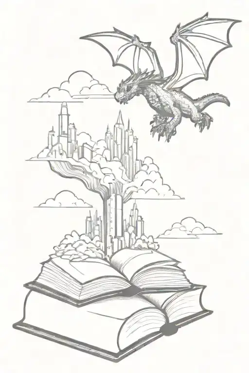 PIle of books with a mountain emerging from the pages of an open book on the top of the pile. Dragons flying above tattoo design idea