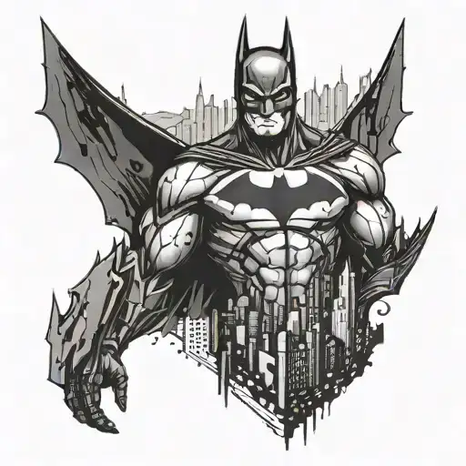 A tattoo featuring a futuristic cityscape inspired by video games, with Batman overlooking the skyline tattoo design idea