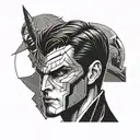 A tattoo design combining elements of Jason Todd, Anakin Skywalker, and Lelouch to represent a powerful and complex character tattoo design idea