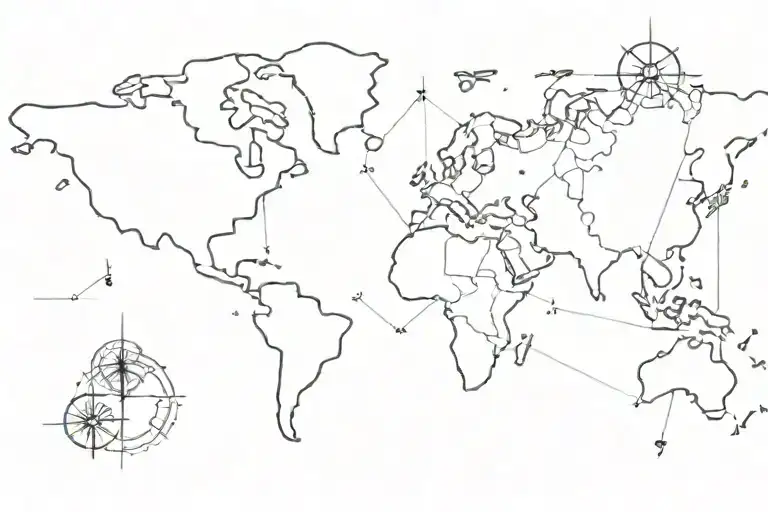 outline of a world map with a compass tattoo design idea