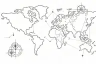 outline of a world map with a compass tattoo design idea