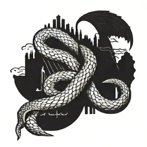 A tattoo featuring a snake wrapped around a sales graph, with a Sicilian backdrop, in a blackwork style tattoo design idea