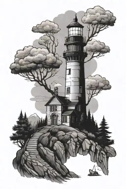 light house steep rocky forest landscape tattoo design idea