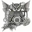 Samurai, scales, yin and yang, owl and sword tattoo design idea