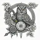 Samurai, scales, yin and yang, owl and sword tattoo design idea