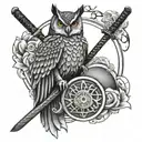 Samurai, scales, yin and yang, owl and sword tattoo design idea