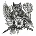Samurai, scales, yin and yang, owl and sword tattoo design idea