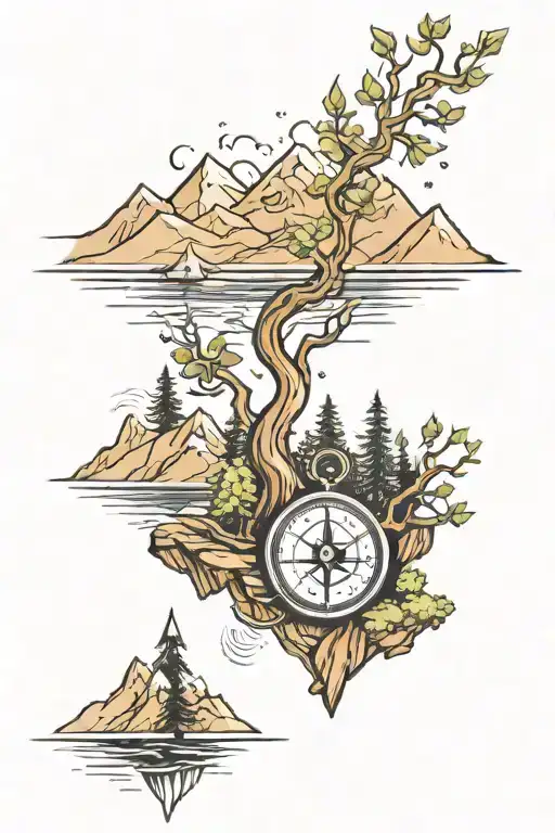 mountain trees river with compass and anchour tattoo design idea