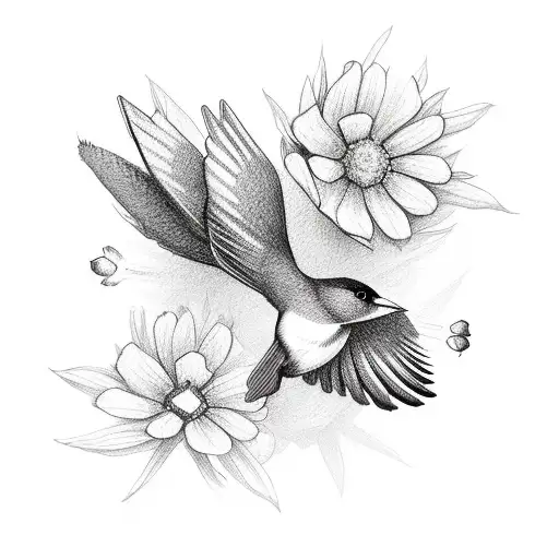 four small birds flying next to wildflower tattoo design idea