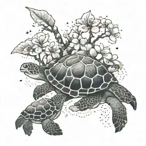 A Japanese cherry blossom tree with sea turtles crawling up its branches tattoo design idea