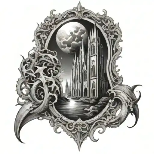 A sleeve tattoo featuring a Gothic cathedral surrounded by swirling sea creatures, showcasing your love for cathedrals and sea creatures tattoo design idea