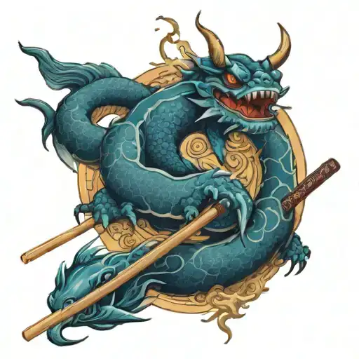 Dragon surrounded by lightning and sea turtles holding giant chopsticks tattoo design idea
