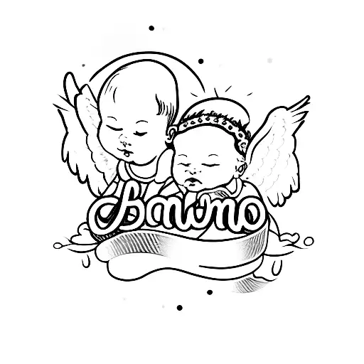 babys name with 2 angels  tattoo design idea