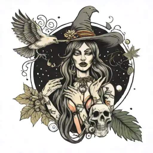 witch woman with gypsy and dove elements. A moon in the background, mushrooms and marijuana around   tattoo design idea