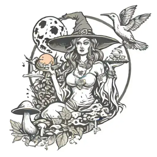 witch woman with gypsy and dove elements. A moon in the background, mushrooms and marijuana around. In the image, it sho tattoo design idea