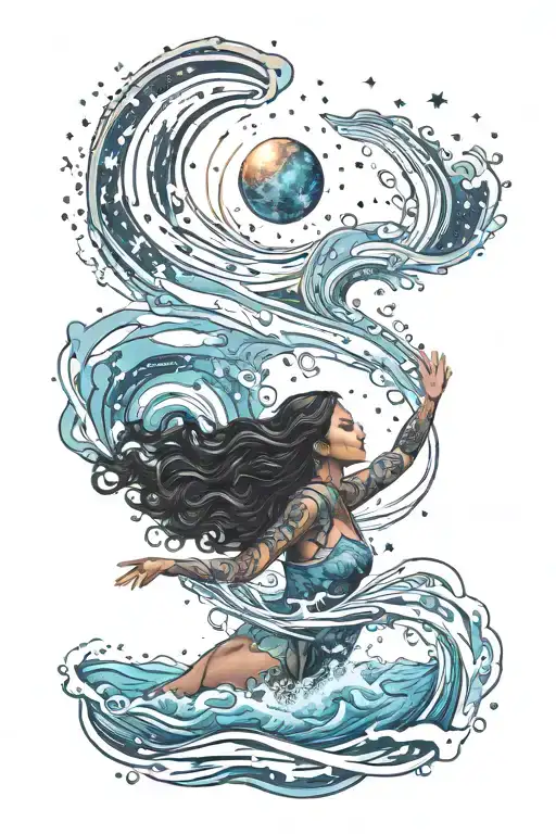 magestic flow of water connecting to the galaxy filled with stars, with a Māori woman swimming freely tattoo design idea