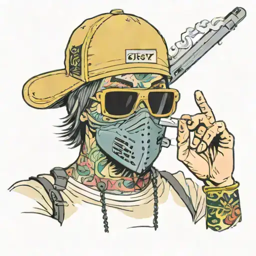 Guy wearing a ski mask, smoking a blunt holding a Glock tattoo design idea