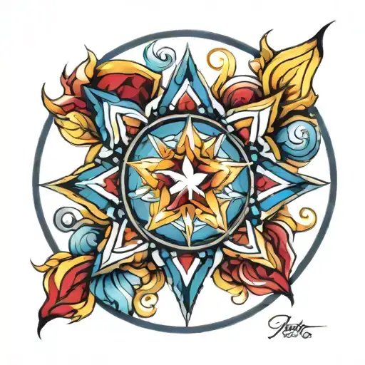 crystal star inside circle red, blue and yellow colour tattoo design idea
