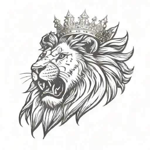 Lion head roaring wearing crown facing straight tattoo design idea