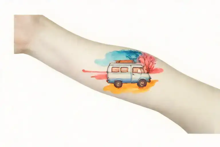 scene on inside bicep. Sun Rise on left, middle has retro camper and oak tree. Sun set on right.  tattoo design idea