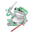 frog in ninja grab with a katana in one hand and a paint brush in the other tattoo design idea