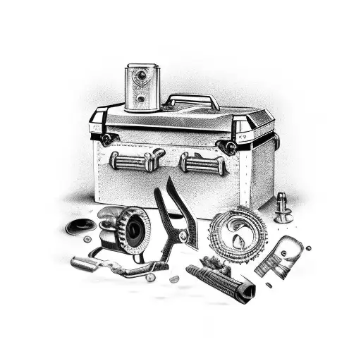 A rugged mechanic's toolbox filled with hunting gear and car parts tattoo design idea