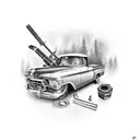 A rugged mechanic's toolbox filled with hunting gear and car parts tattoo design idea