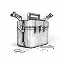 A rugged mechanic's toolbox filled with hunting gear and car parts tattoo design idea