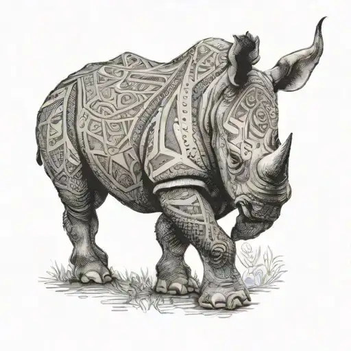 A dotwork tattoo of a rhino with intricate patterns inspired by woodworking motifs tattoo design idea