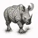 A dotwork tattoo of a rhino with intricate patterns inspired by woodworking motifs tattoo design idea