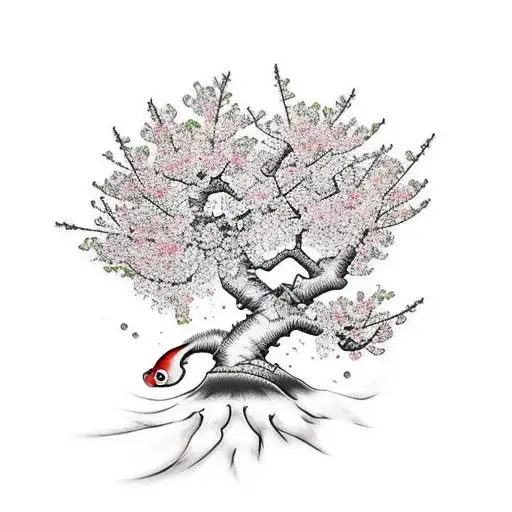 A cherry blossom tree growing from a hand, with carp swimming beneath tattoo design idea