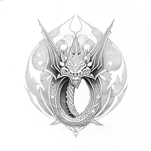 A tribal-inspired dragon coiling around a Polynesian-inspired tribal pattern tattoo design idea
