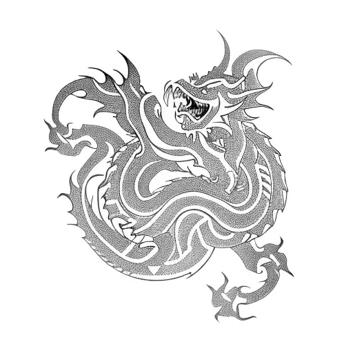 A tribal-inspired arm tattoo featuring a dragon surrounded by traditional Japanese symbols tattoo design idea