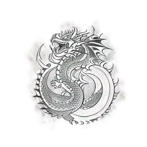 A tribal-inspired arm tattoo featuring a dragon surrounded by traditional Japanese symbols tattoo design idea