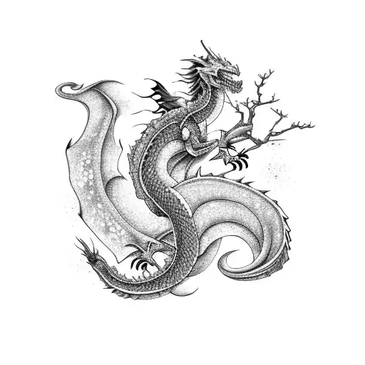 A fierce dragon intertwined with a traditional Japanese cherry blossom tree tattoo design idea